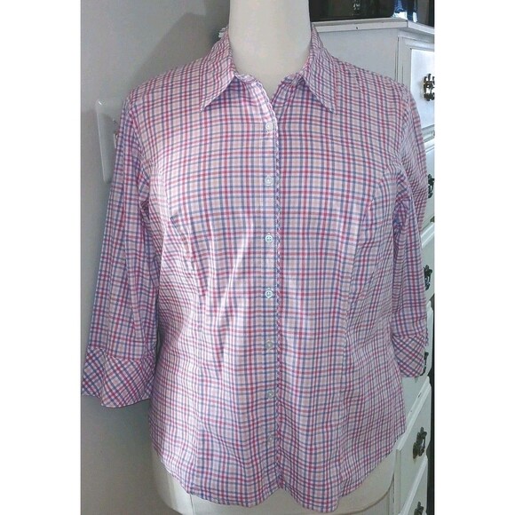 RIDERS BY LEE Womens 1X Plaid Check Button 3/4 Sleeve Stretch Shirt Top Colorful - Picture 3 of 8